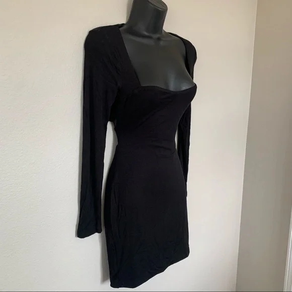 Princess Polly Black Long Sleeve Square Neck Tie Cut Out Back Mini Dress - Picture 4 of 11